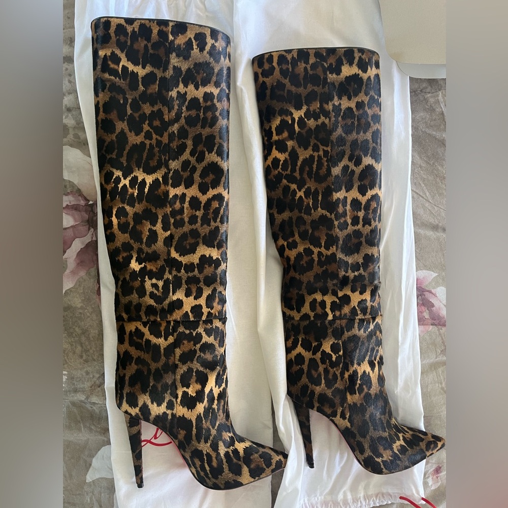 Christian Louboutin Leopard Suede Knee High Boots
